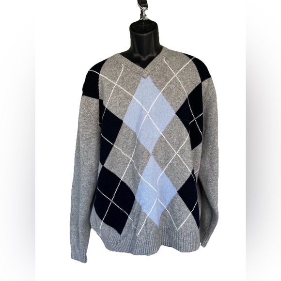 DANIEL CREMIEUX Mens 100% Cashmere V Neck Sweater Gray Blue Argyle Sz XL - Picture 1 of 9